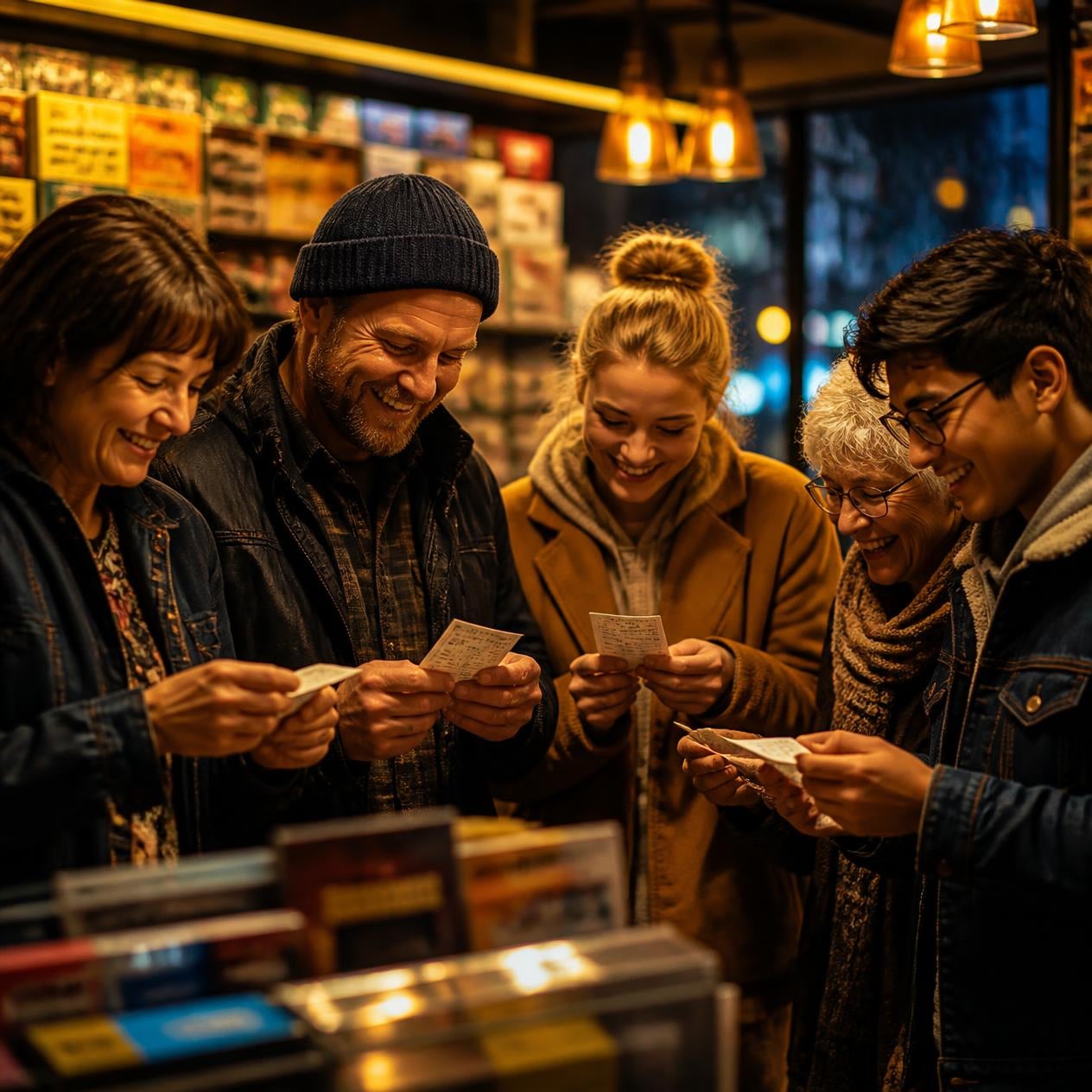 A diverse group of everyday Australians gathered in a cozy neighborhood news agency.