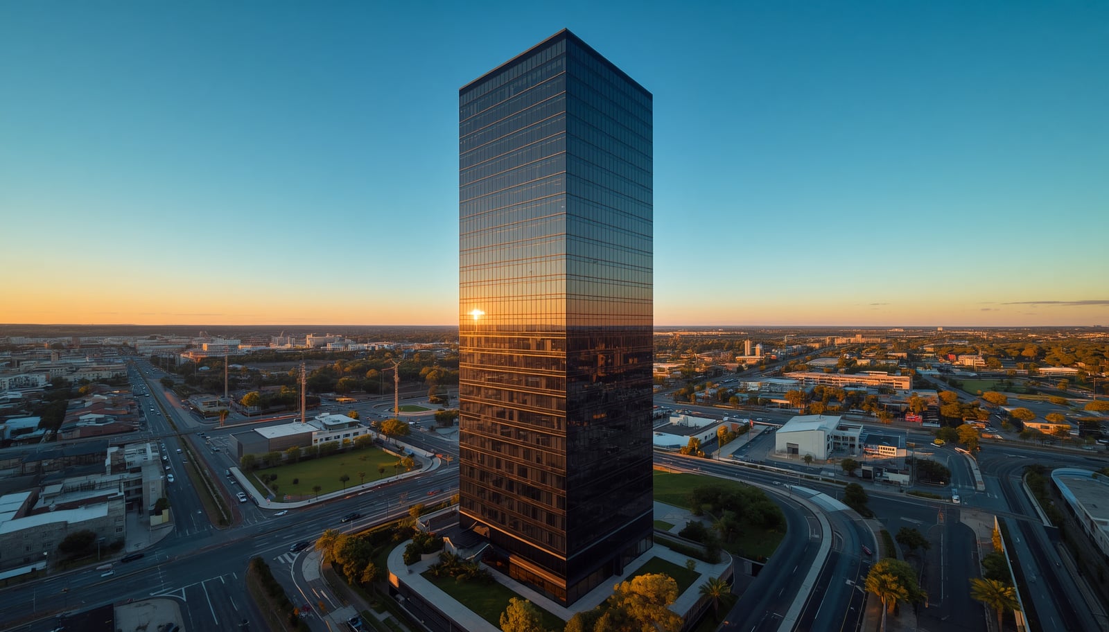 A sleek modern Australian office tower at golden hour.