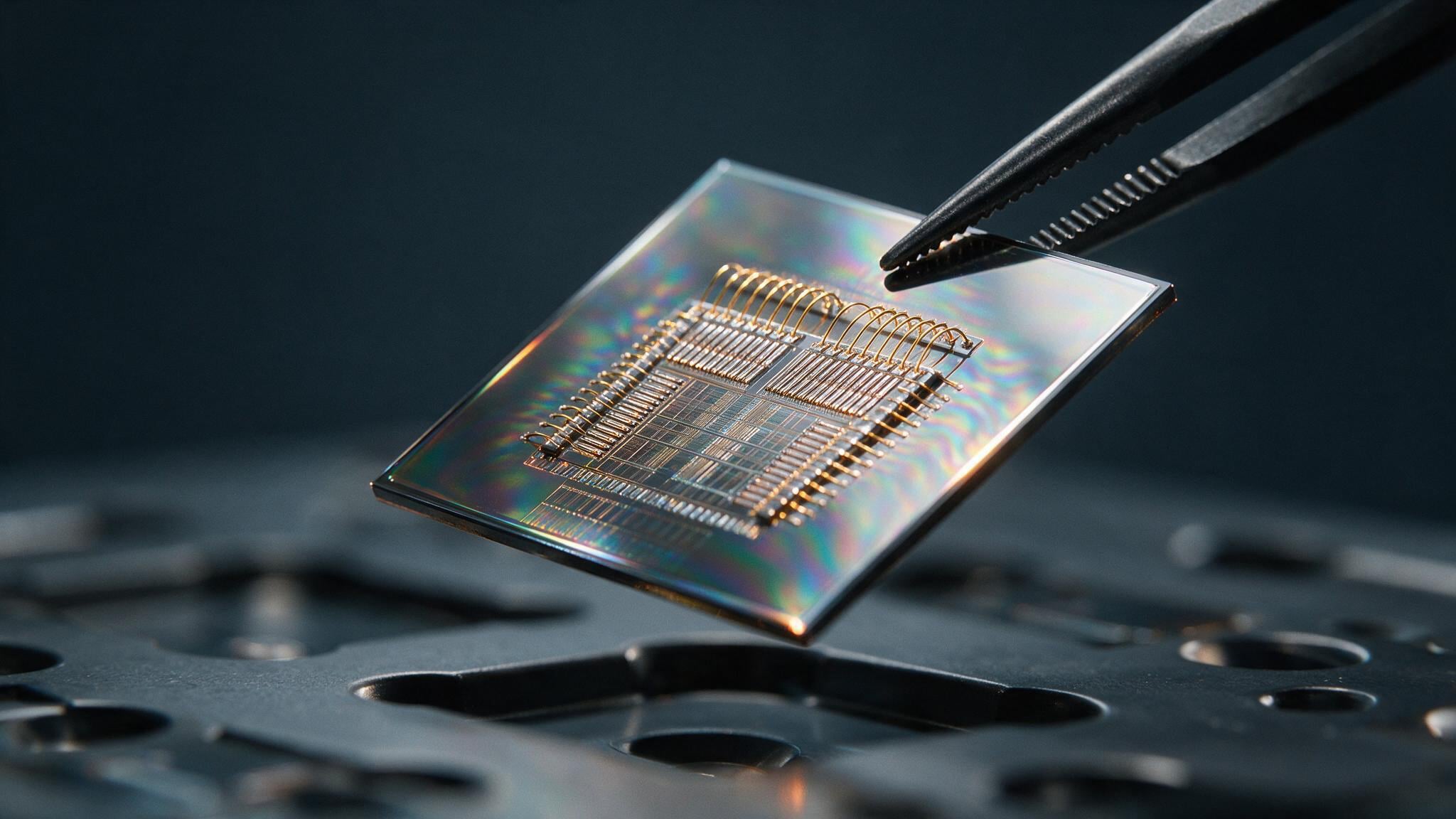 A semiconductor die held in precision tweezers.