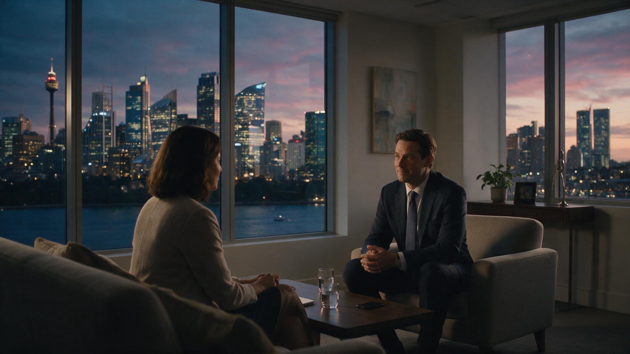 A confident advisor and client seated in a softly lit consultation lounge.