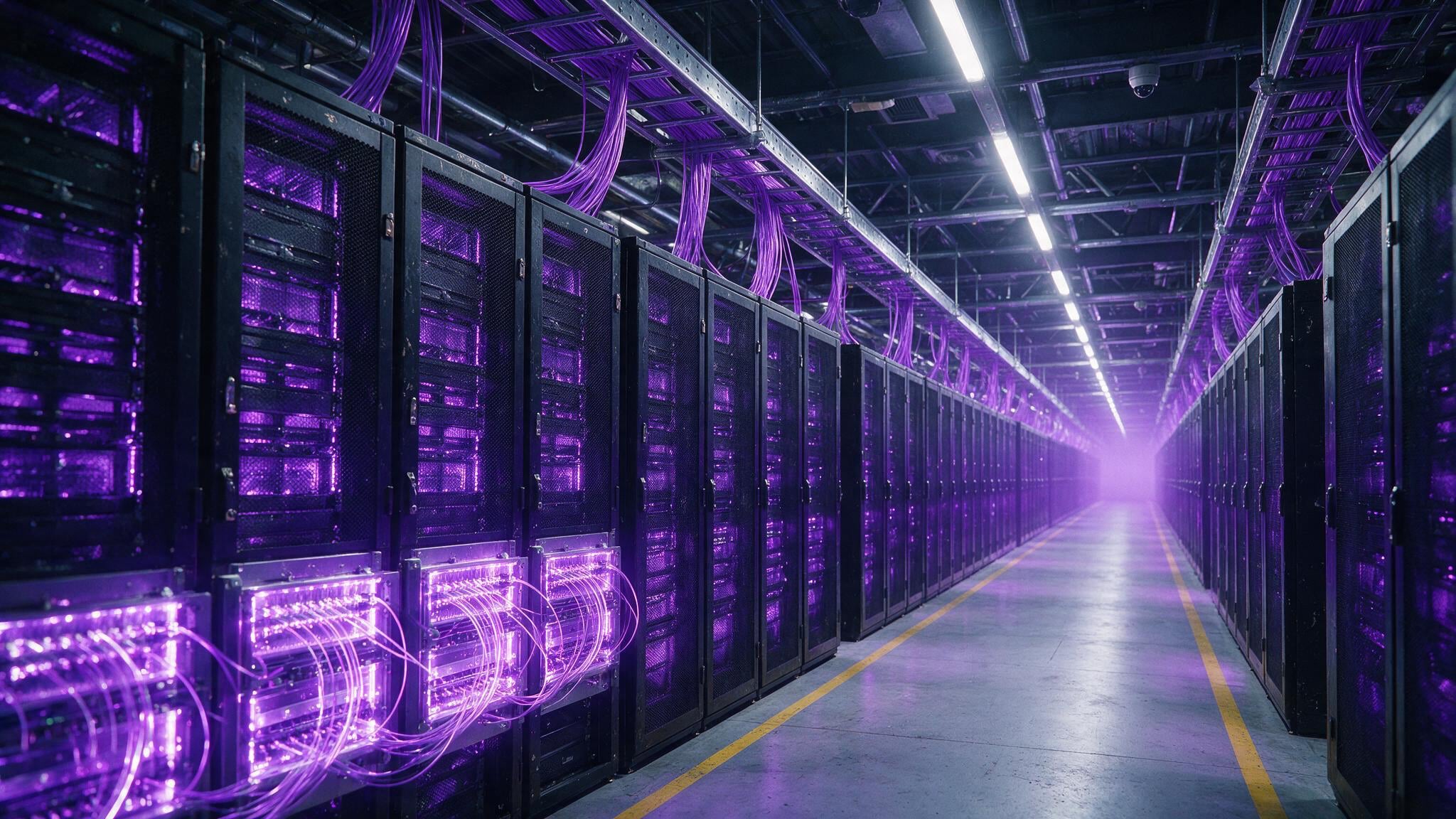 A hyperscale data center server hall shot in a long corridor perspective.