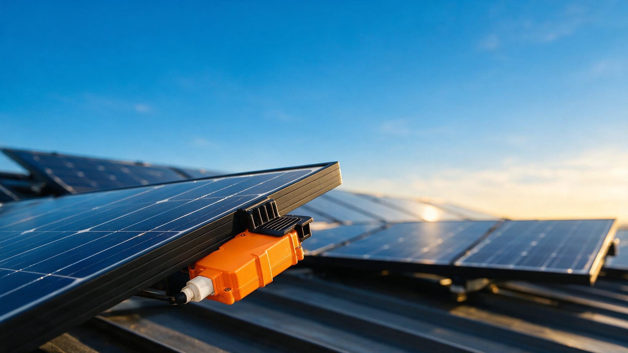 A residential rooftop solar array at golden hour.