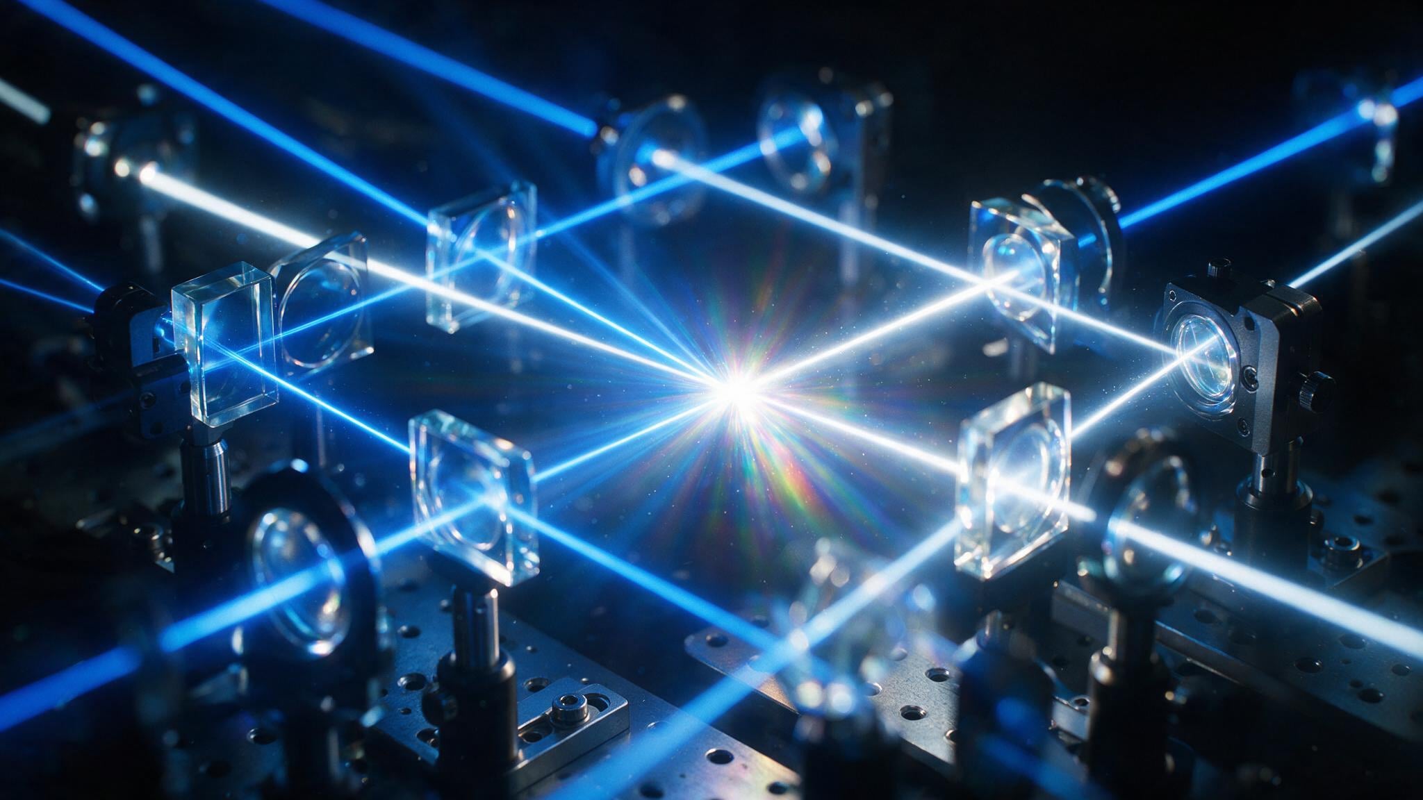 A precision photonic optical assembly in a darkened laboratory environment.