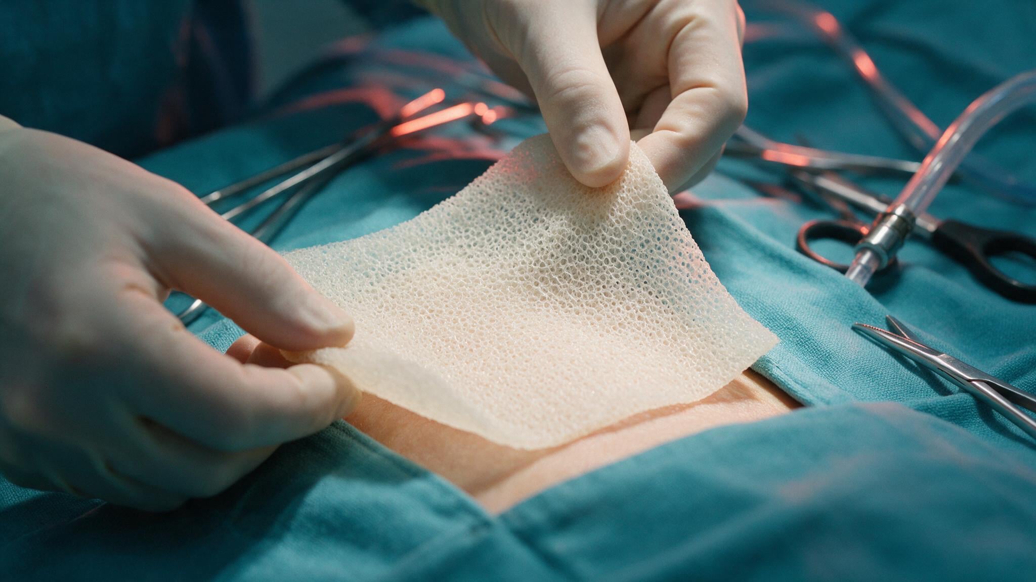 A surgeon's gloved hands carefully placing a thin, off-white biodegradable dermal substitute matrix onto a wound site during a surgical procedure.