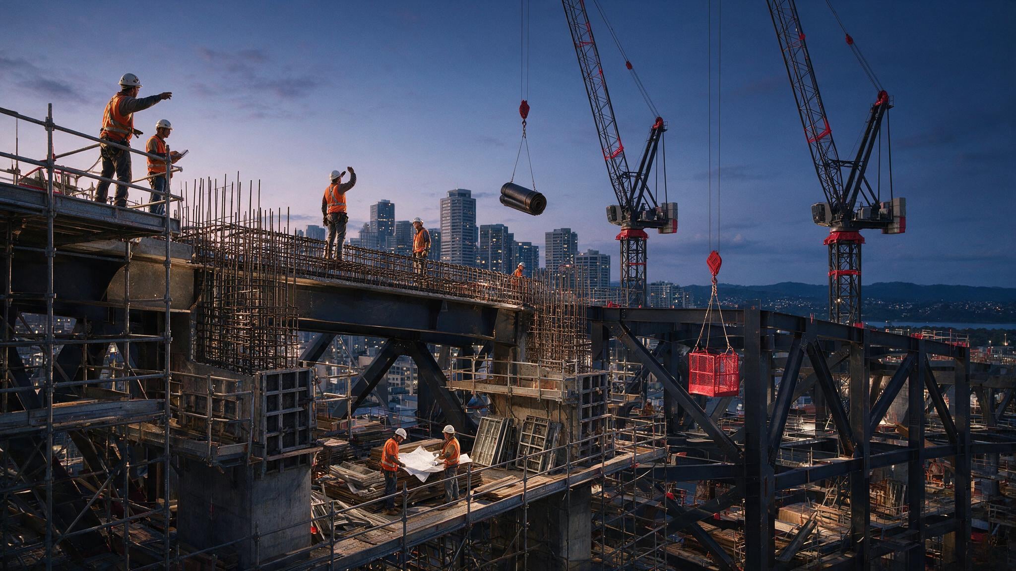 A construction workers collaborating on a major urban infrastructure project.