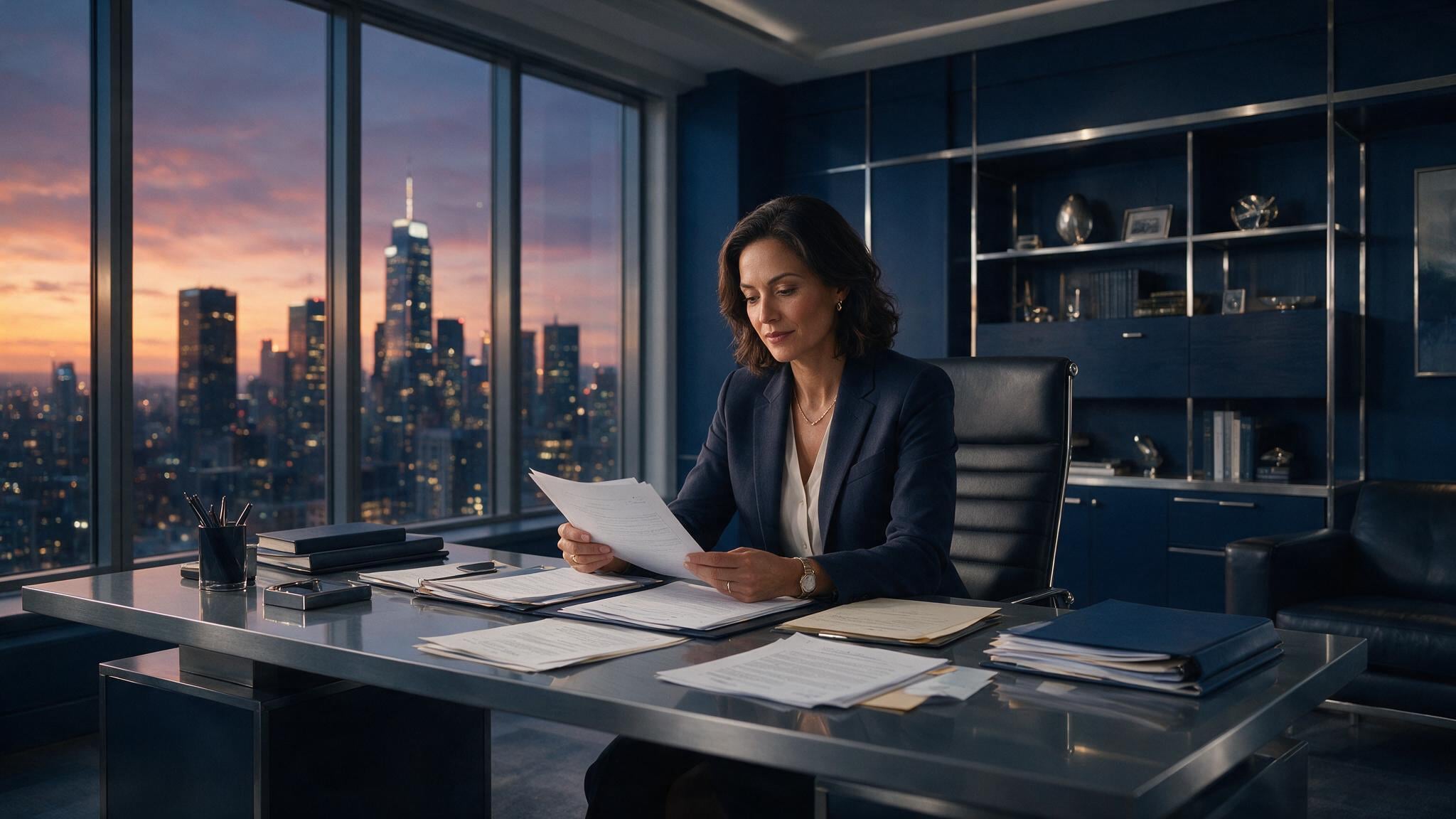 A legal strategist reviewing case documents in a sleek modern law office.
