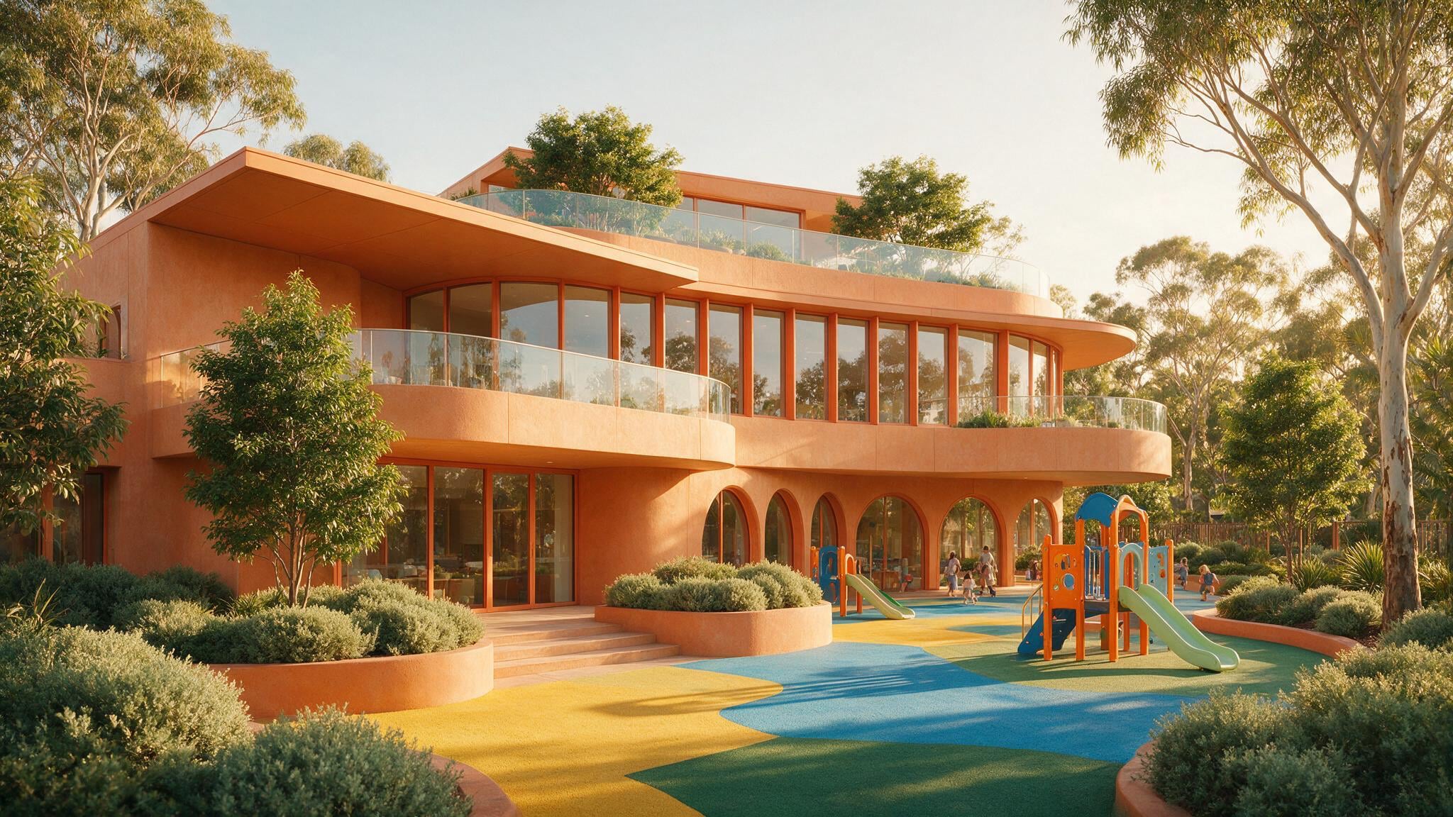 A modern childcare center exterior bathed in warm afternoon light.