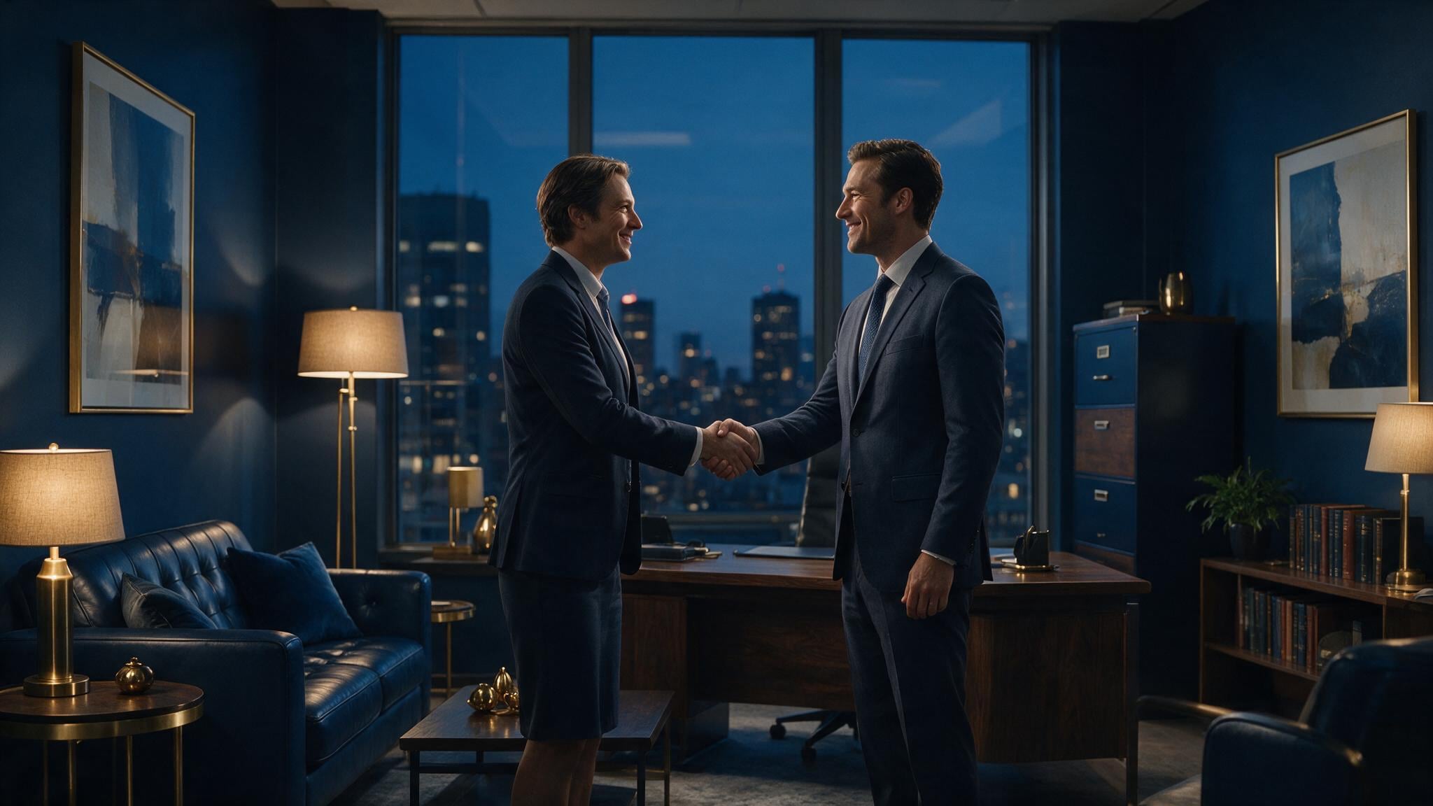 An insurance advisor and client shaking hands in a modern brokerage office.