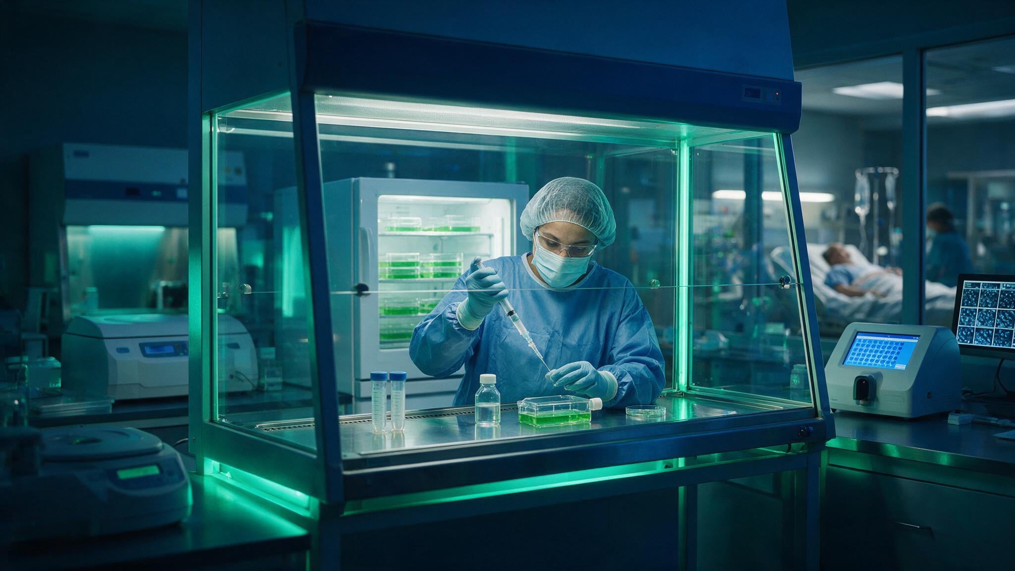 A doctor administering a targeted cell therapy under a laminar flow hood in a state-of-the-art immunotherapy lab.