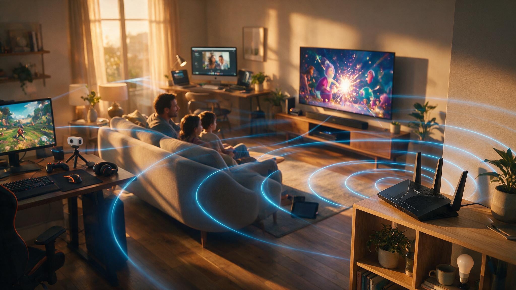 A family streaming content on a large screen in the center, and a home office area with multiple devices all running seamlessly in the background.