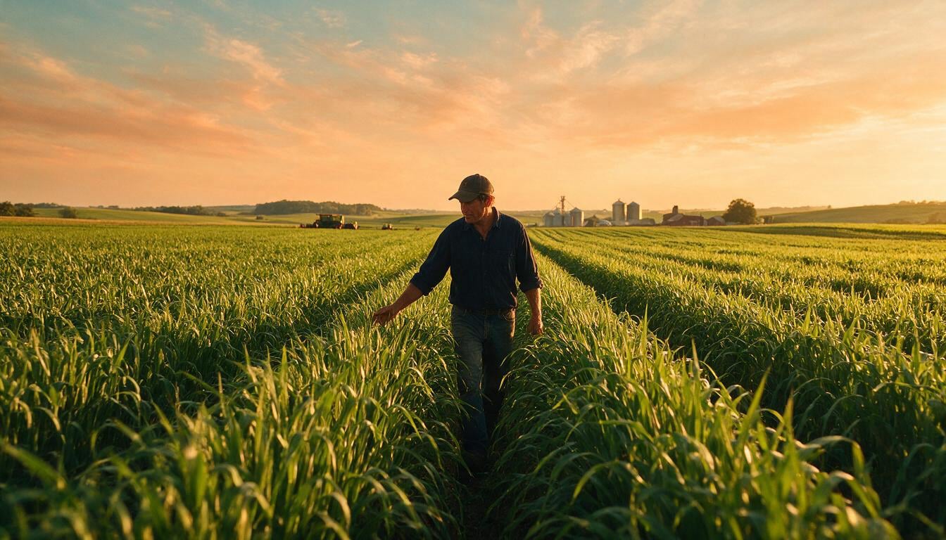 A farmer walking through vast thriving crop fields.
