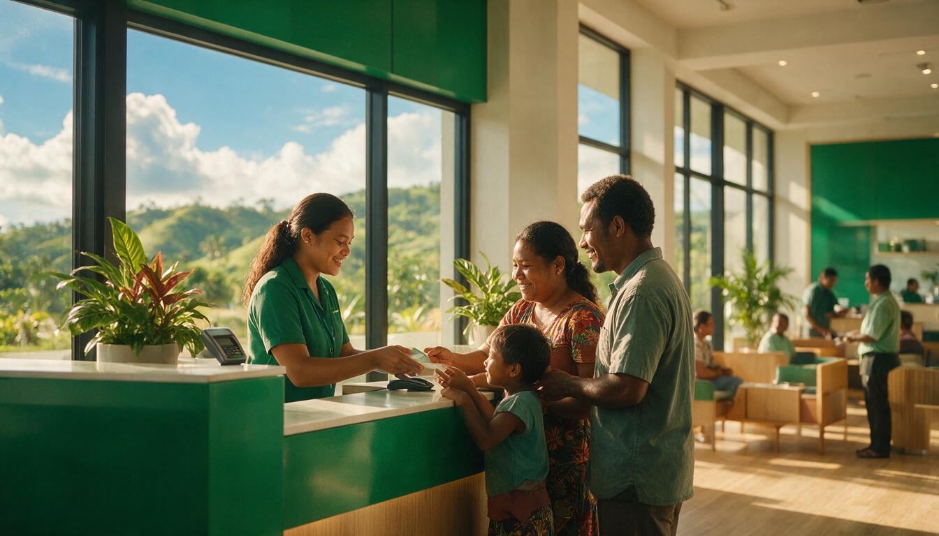 A friendly teller assists a smiling local family opening their first account.