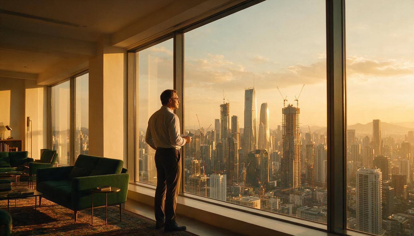 A thoughtful investment strategist standing at a floor-to-ceiling window at golden hour.