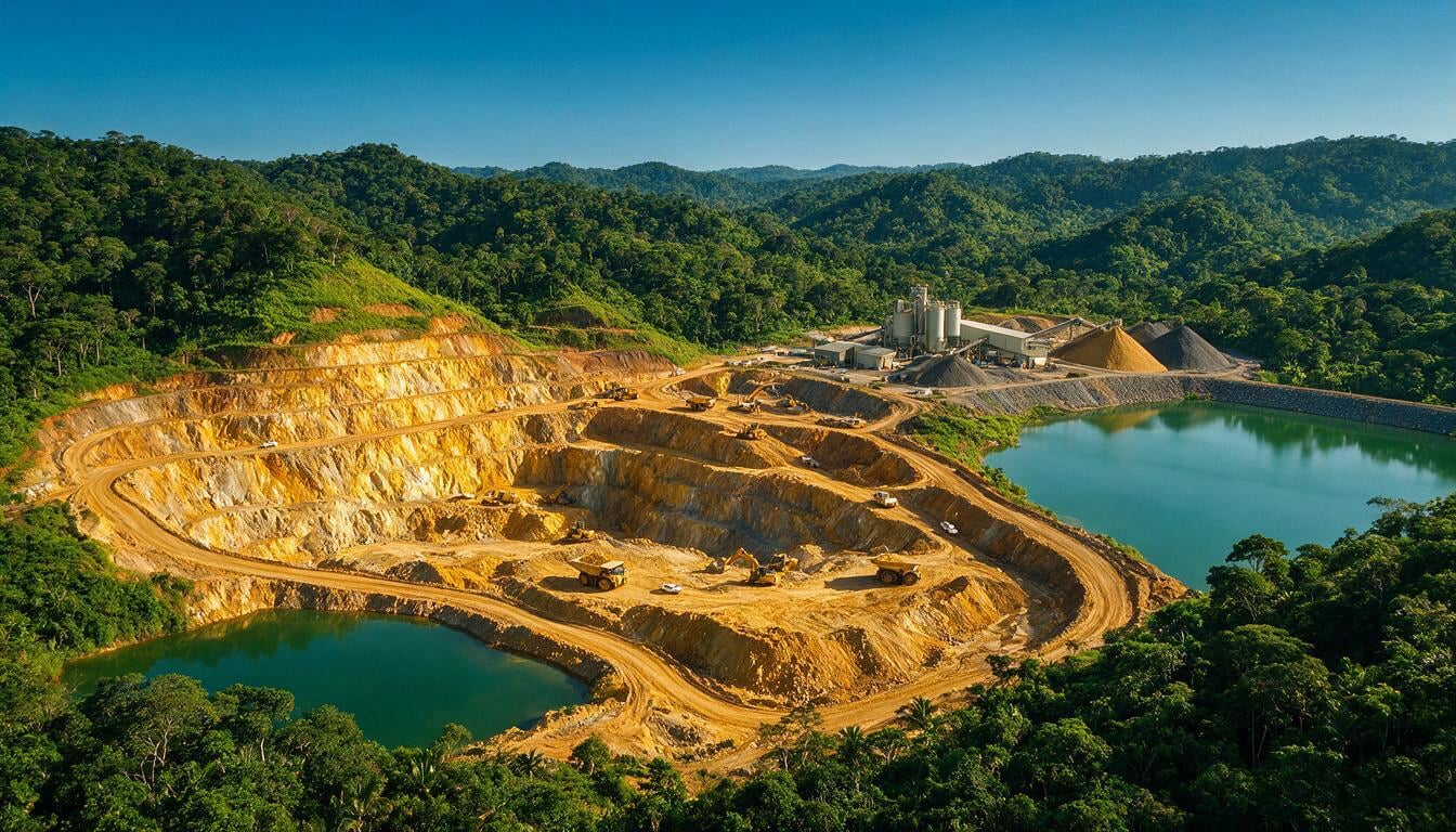 A well-ordered gold operation nestled among vivid emerald-green tropical hills.