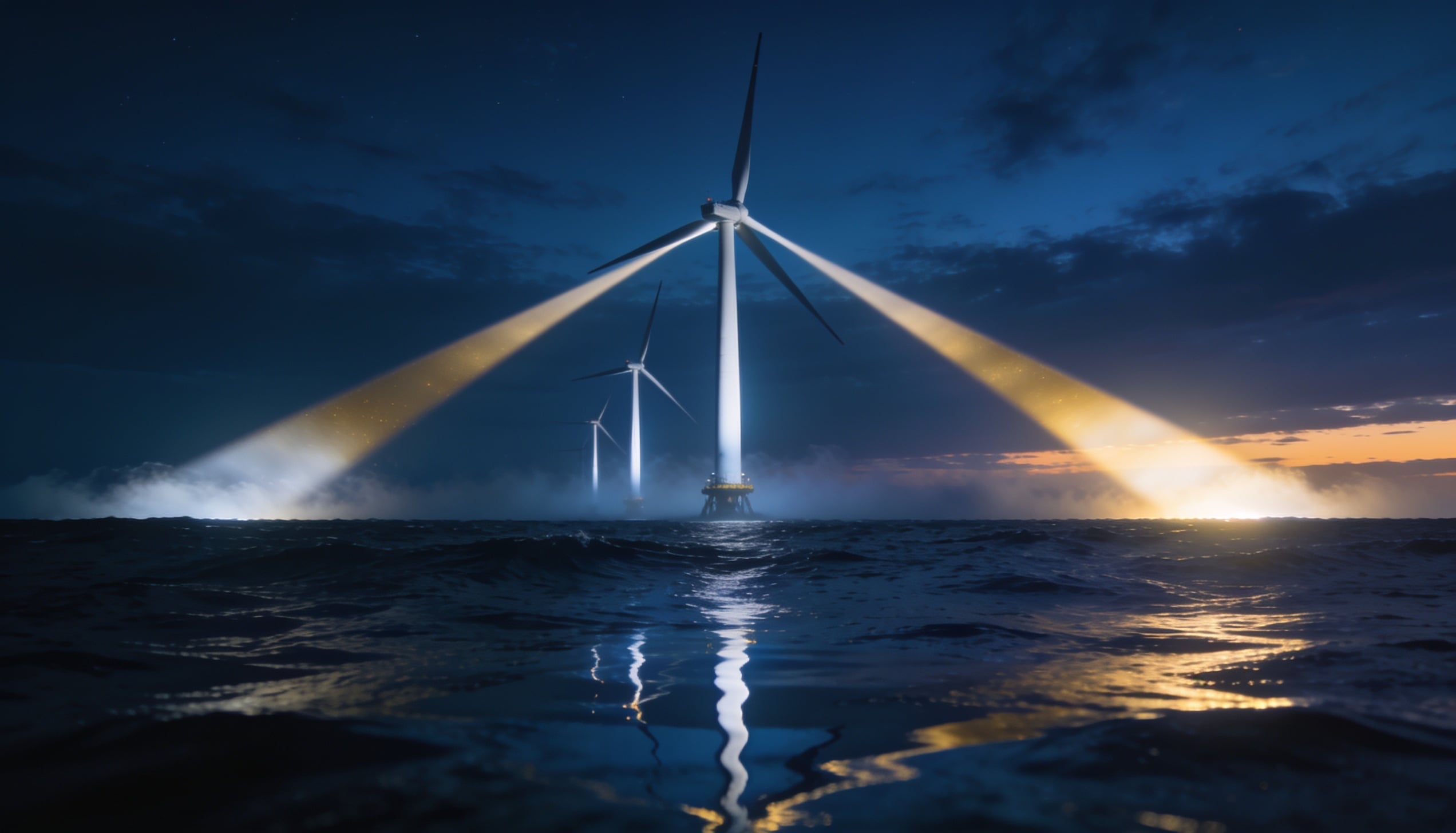 Wind turbines rises from the dark Atlantic swell.