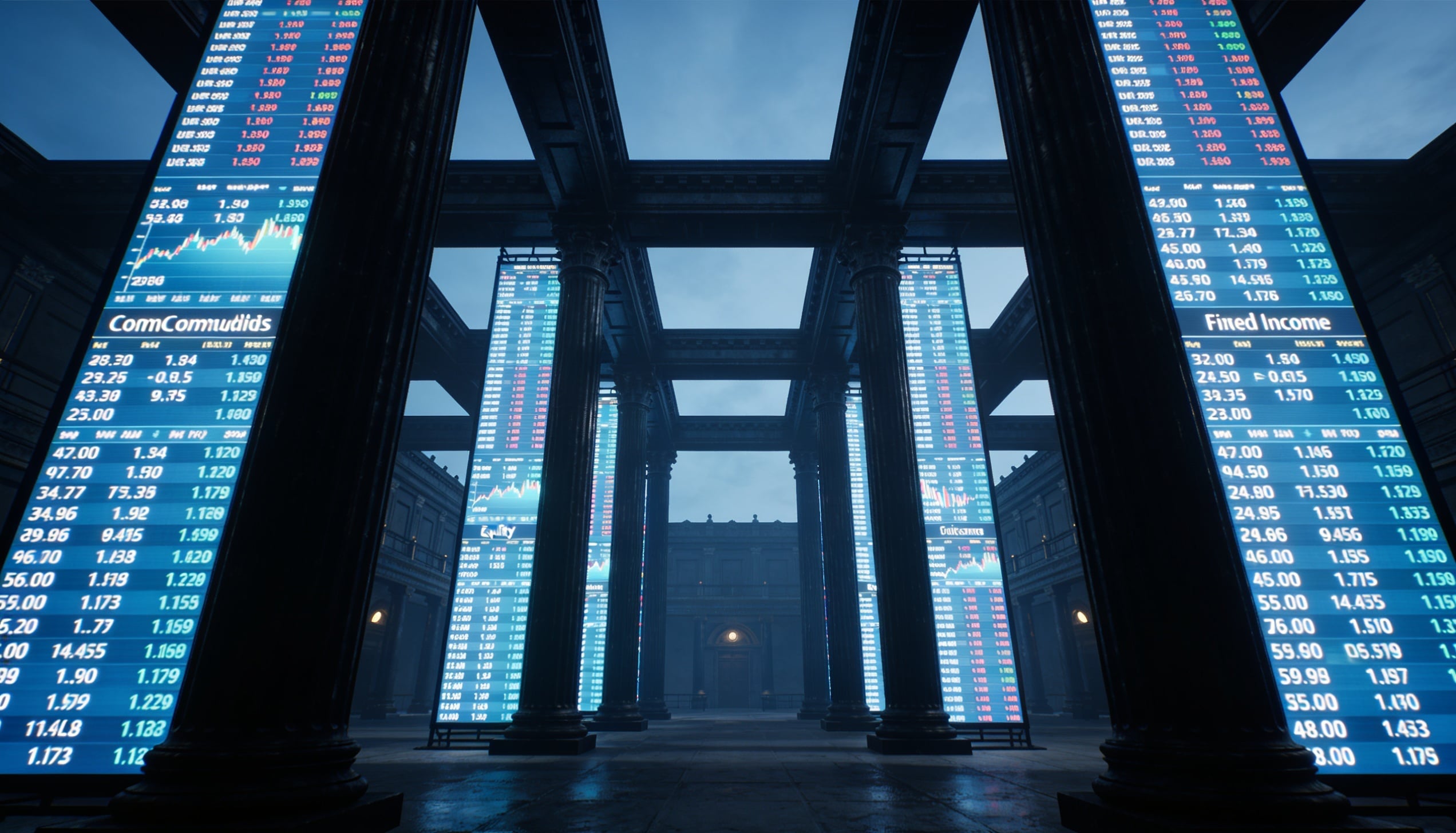A monumental, cathedral-scaled electronic exchange floor.