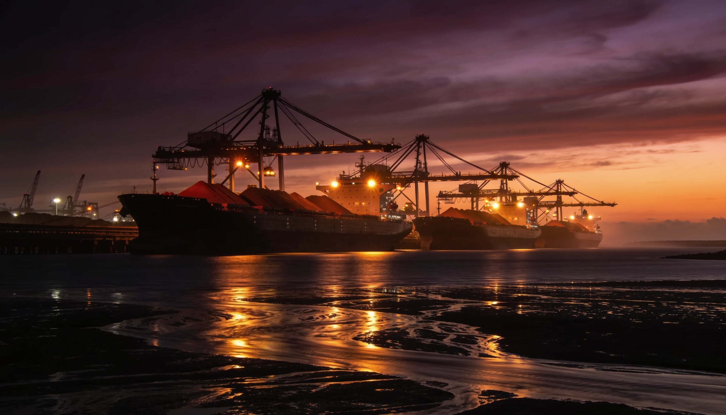 A monumental pre-dawn industrial seascape.