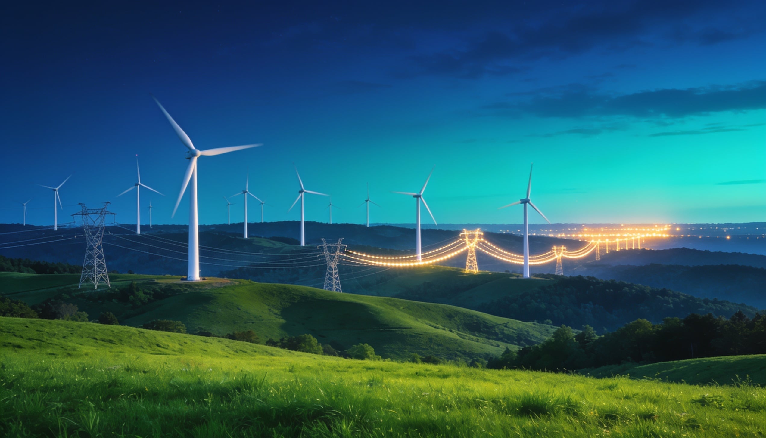 wind farm at twilight stretching across the gentle rolling hills
