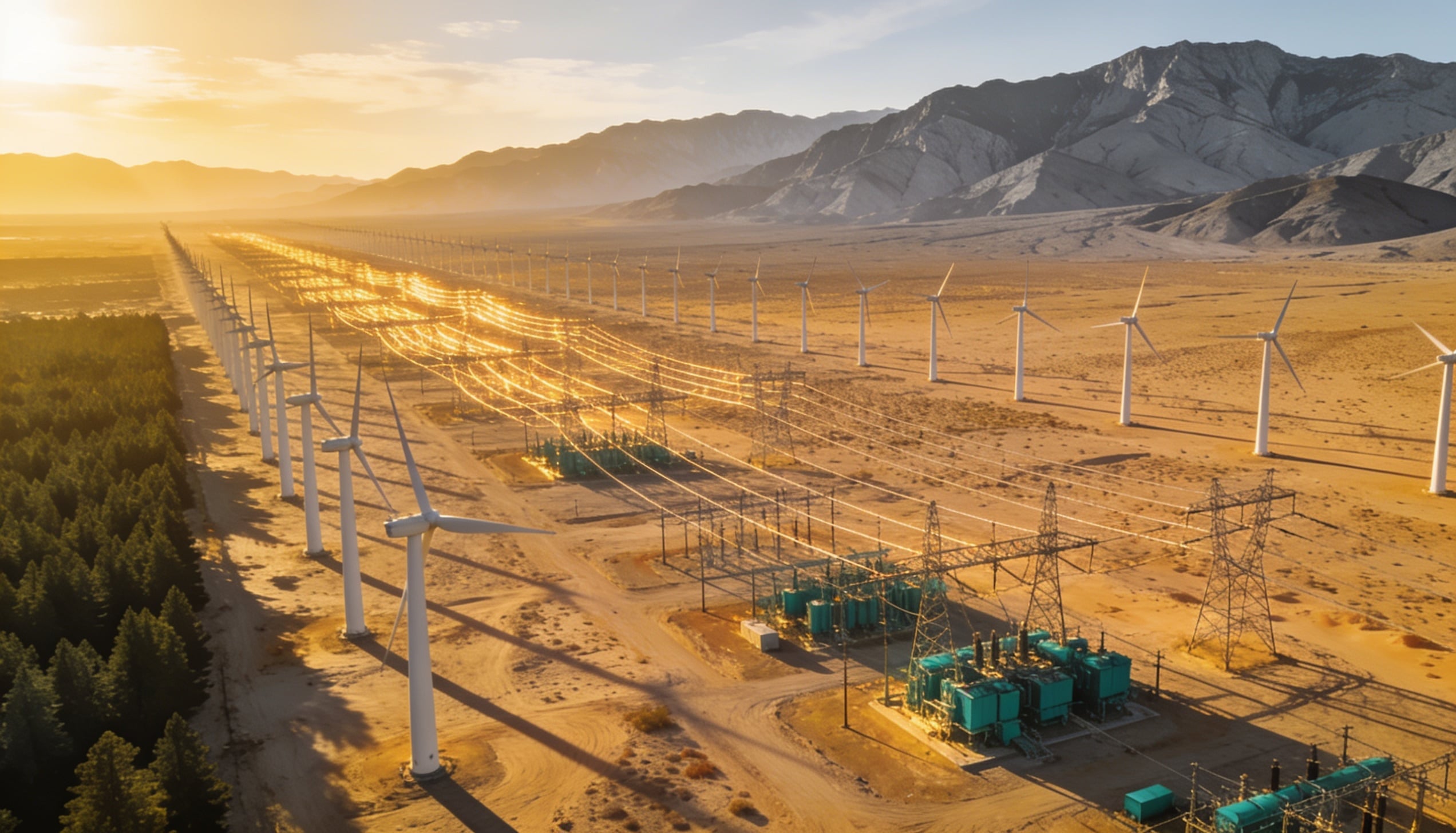 A rows of wind turbines and high-voltage transmission corridors.