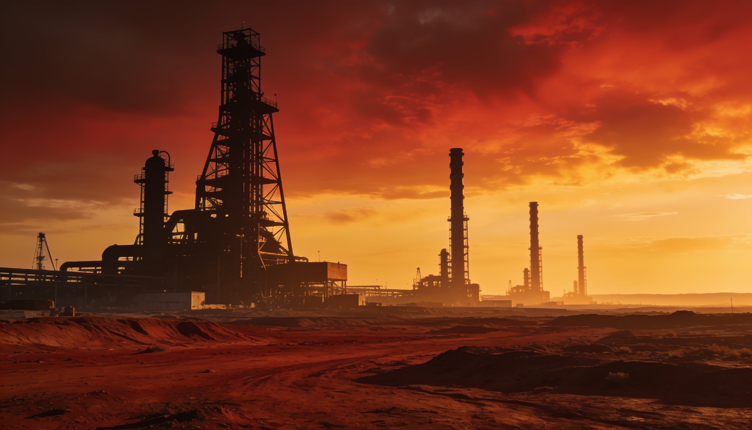A vast, sun-scorched oil and gas landscape at golden hour.