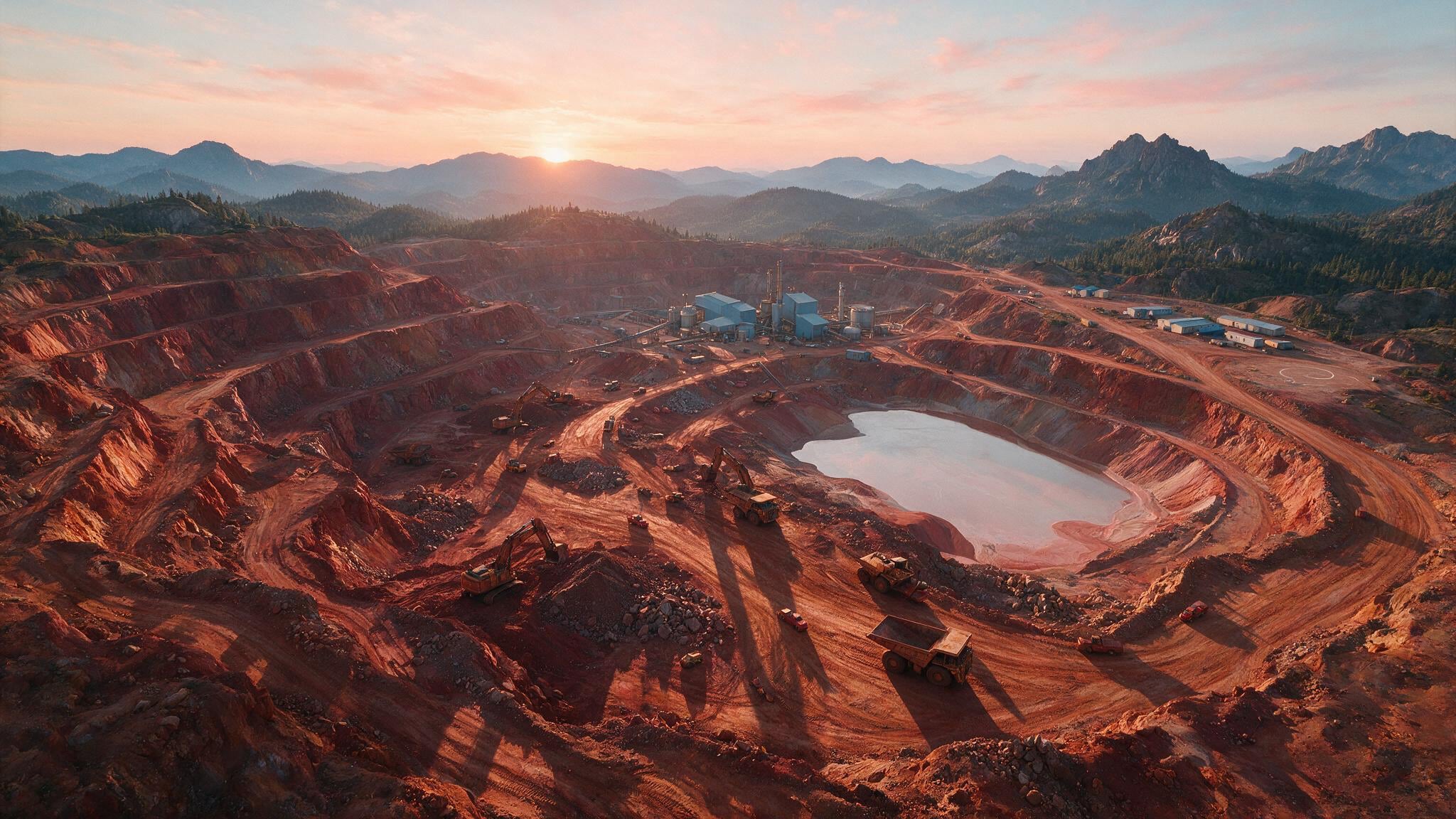 An open-pit gold mine at dawn in the Western Australian outback.