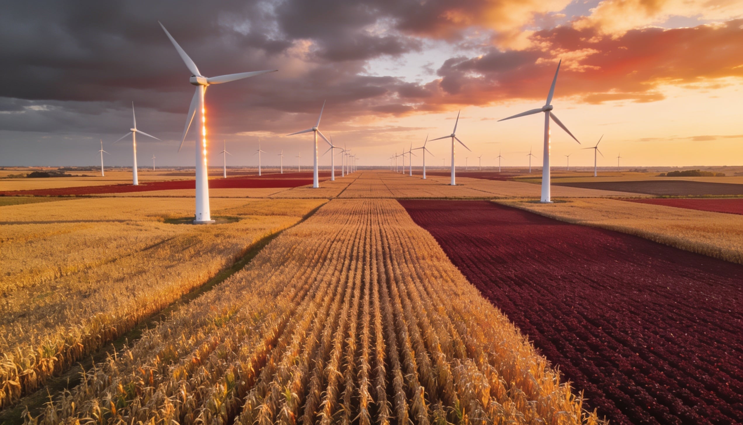 A rows of white turbines marching in precise formation across a flat agricultural landscape.