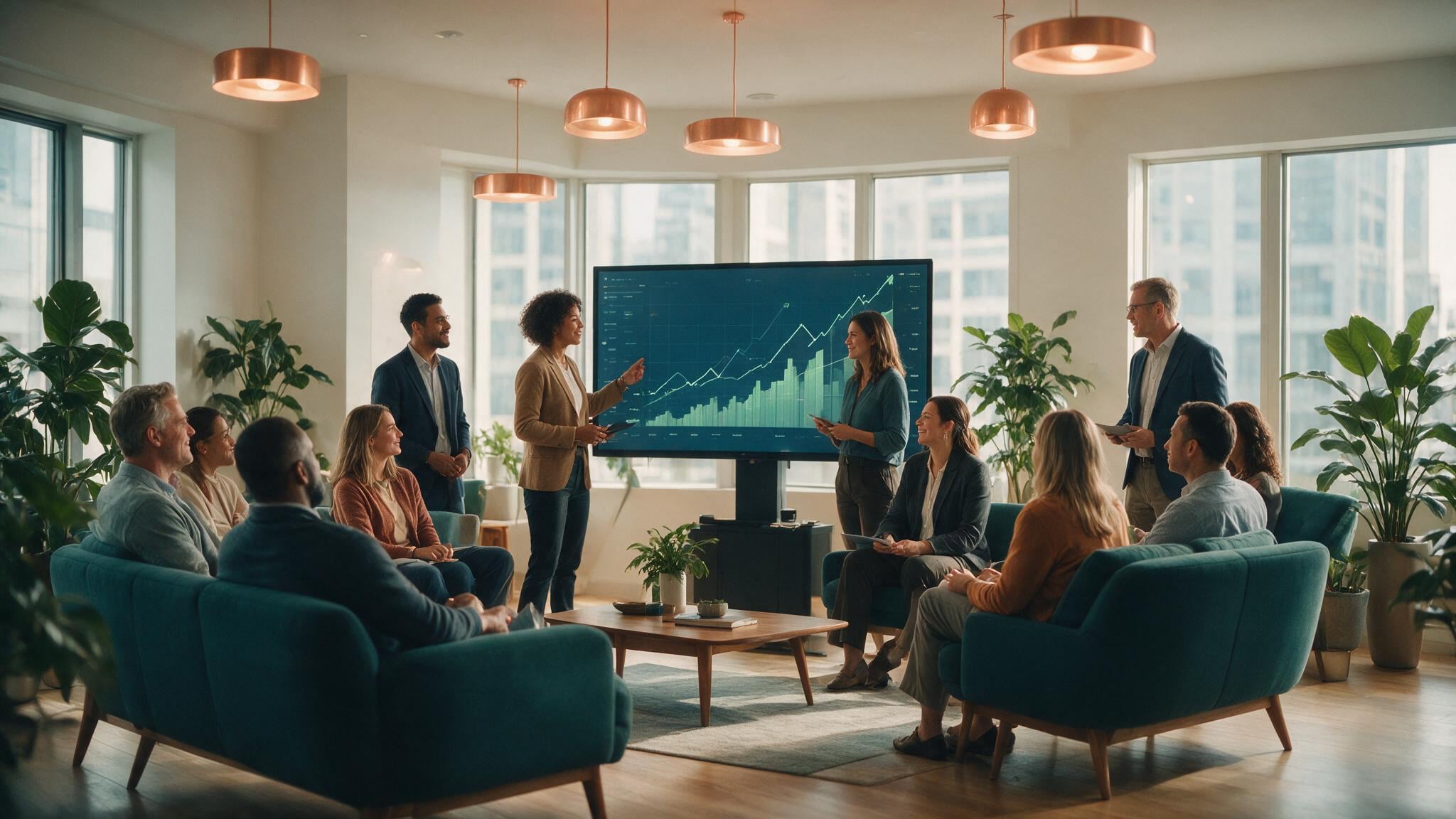 An employees having a meeting in an office.