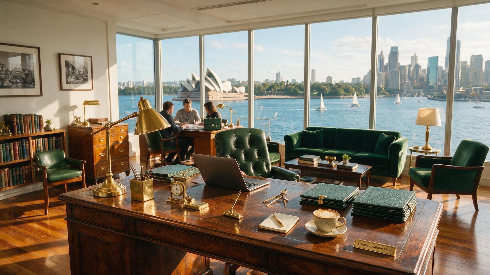 An employees inside a refined Sydney harborside office interior at soft morning light.