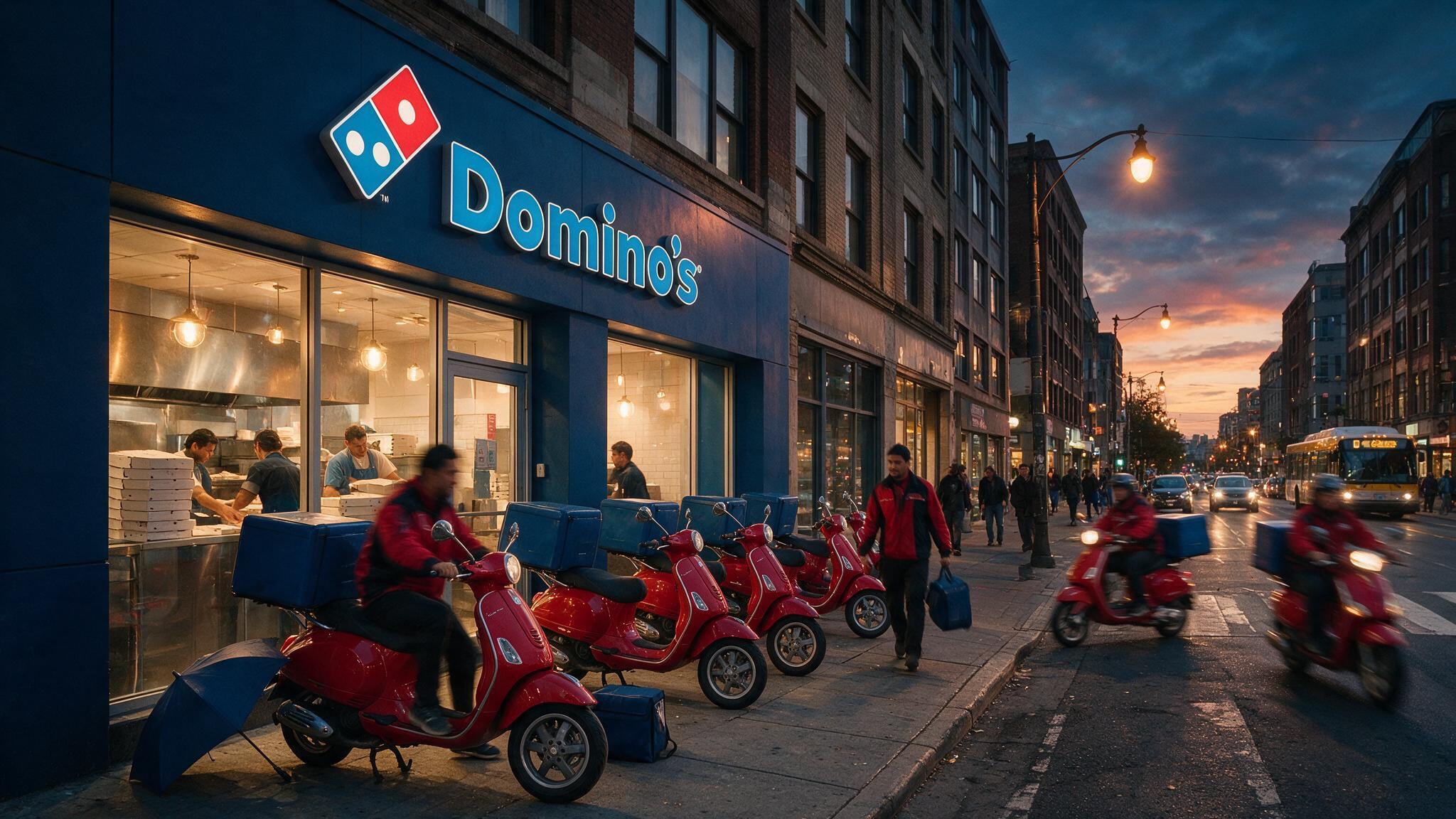 A lively international pizza delivery hub at dusk.