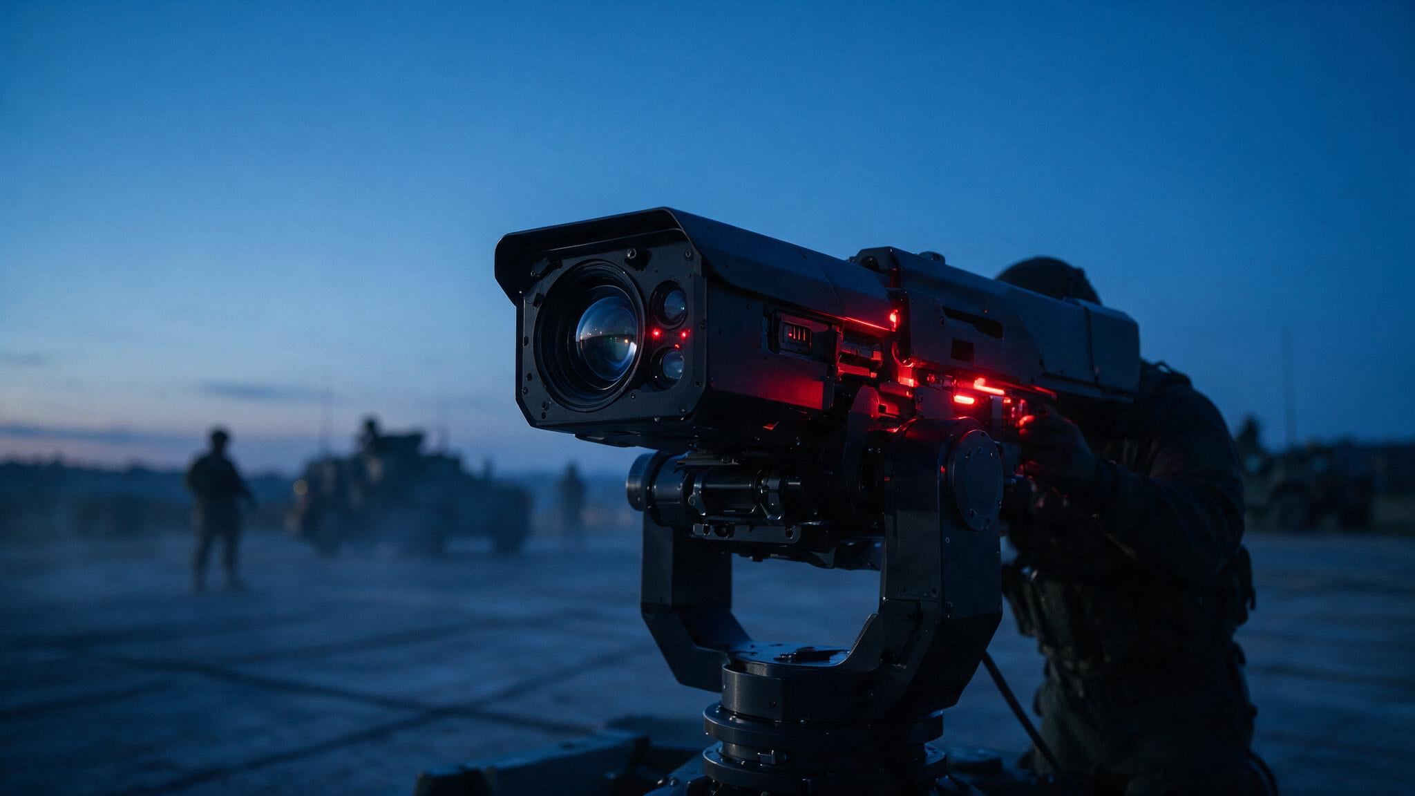 A technician in dark tactical gear calibrating a precision electro-optic tracking turret at a military testing facility during blue hour.