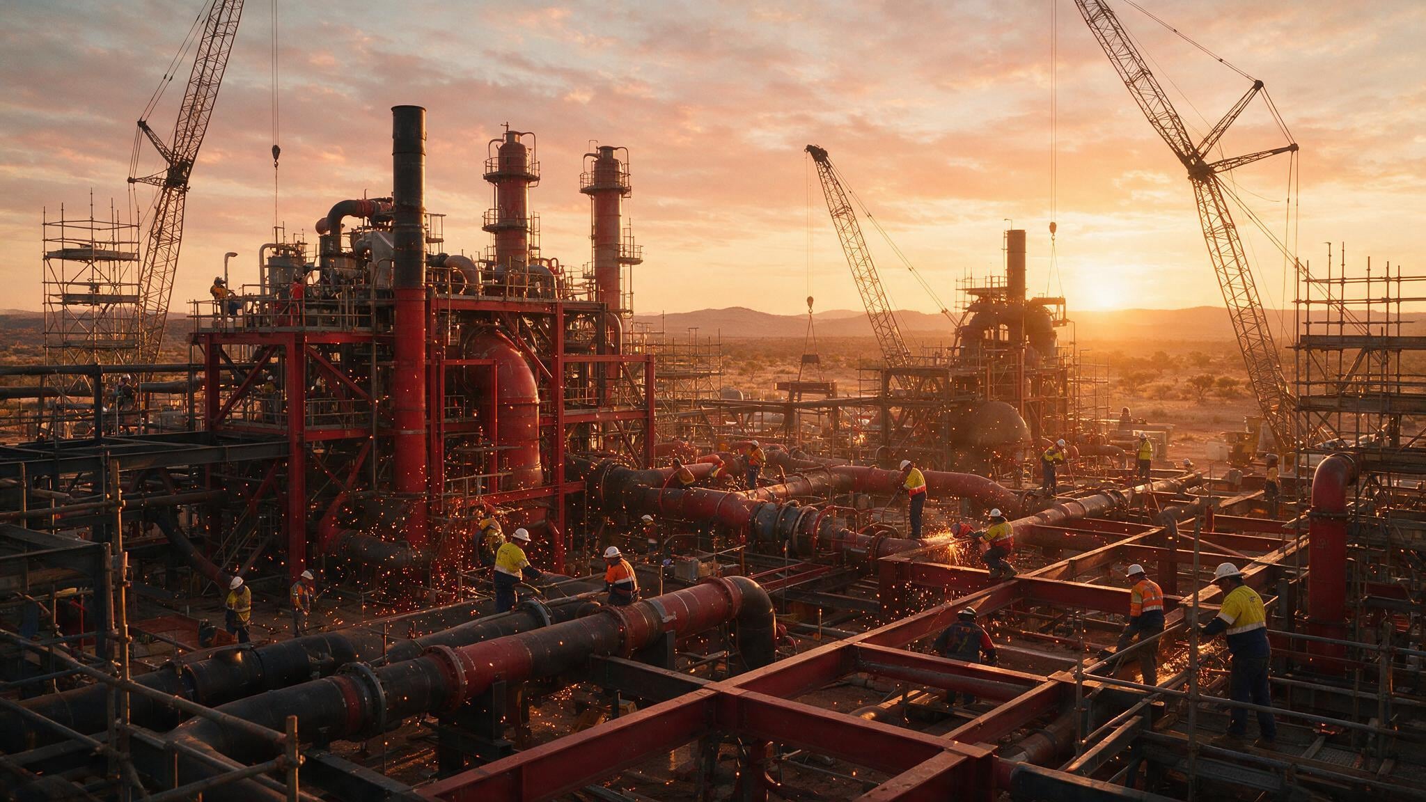 A diverse crew of engineers and tradespeople in high-visibility gear conducting maintenance on a large industrial processing plant.