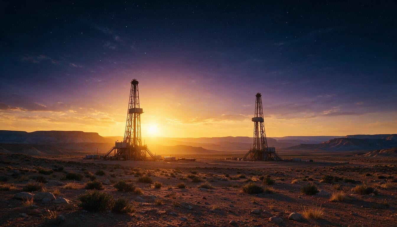 A drilling rig silhouetted on the vast open plains of the Permian Basin at last light.