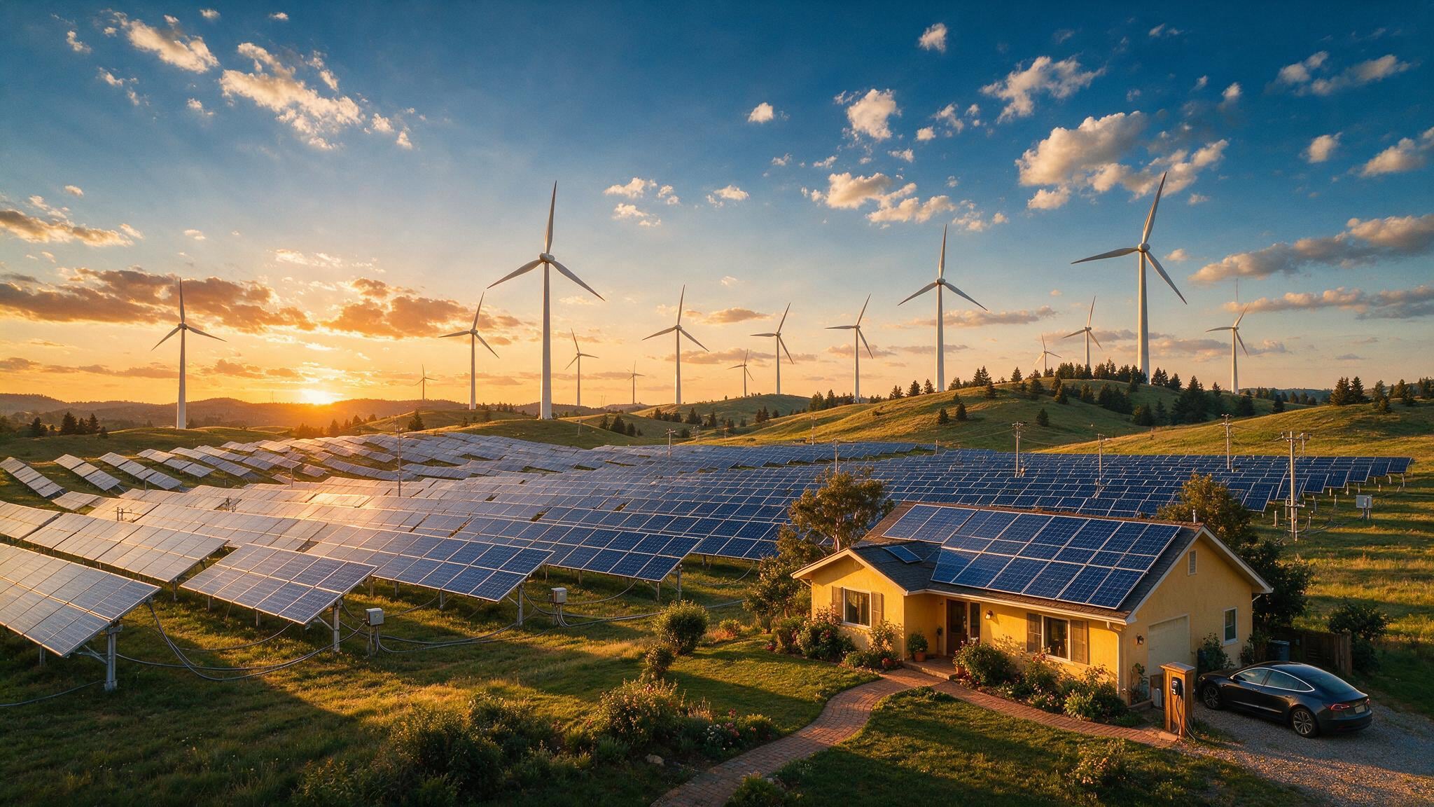 A sleek solar panel arrays and wind turbines set.