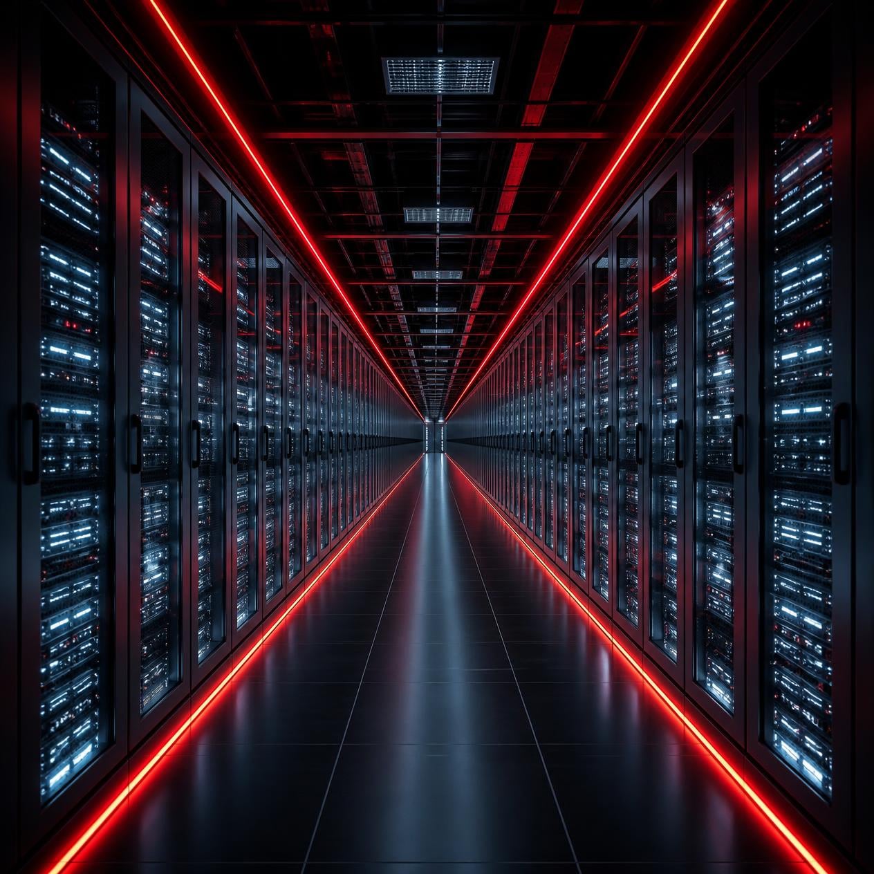 An endless data centre corridor lined with glowing server racks.